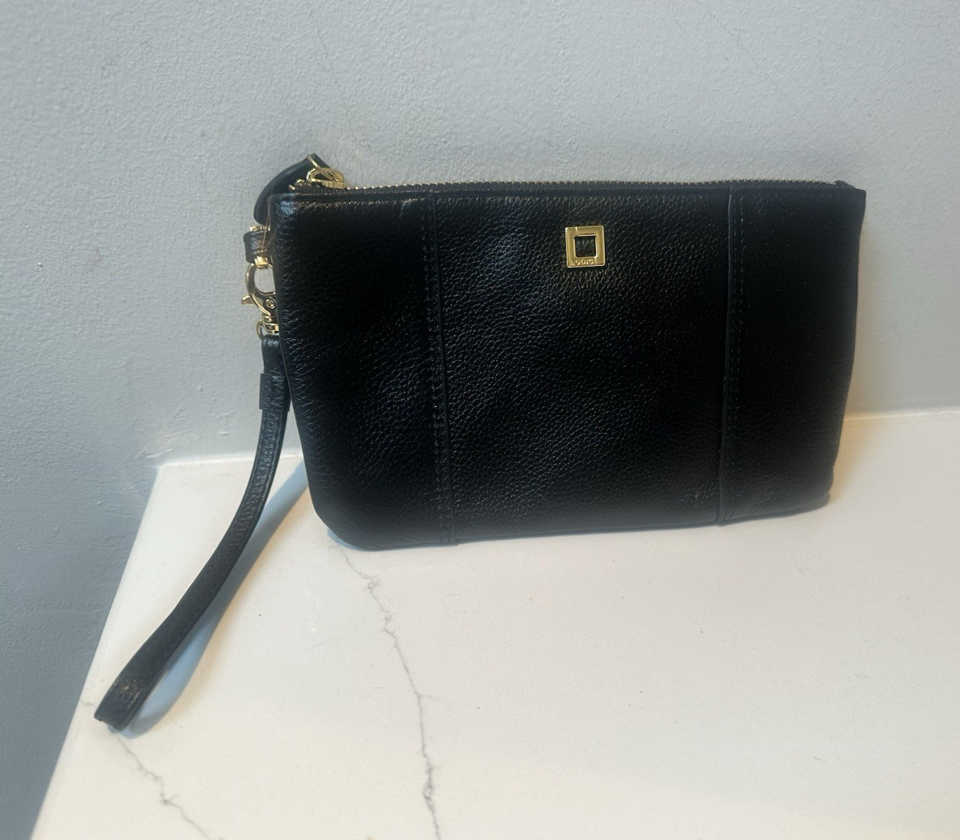 LODIS Black Pebbled Wristlet Bag Gold Hardware Zip Lined Inner Outer Pockets