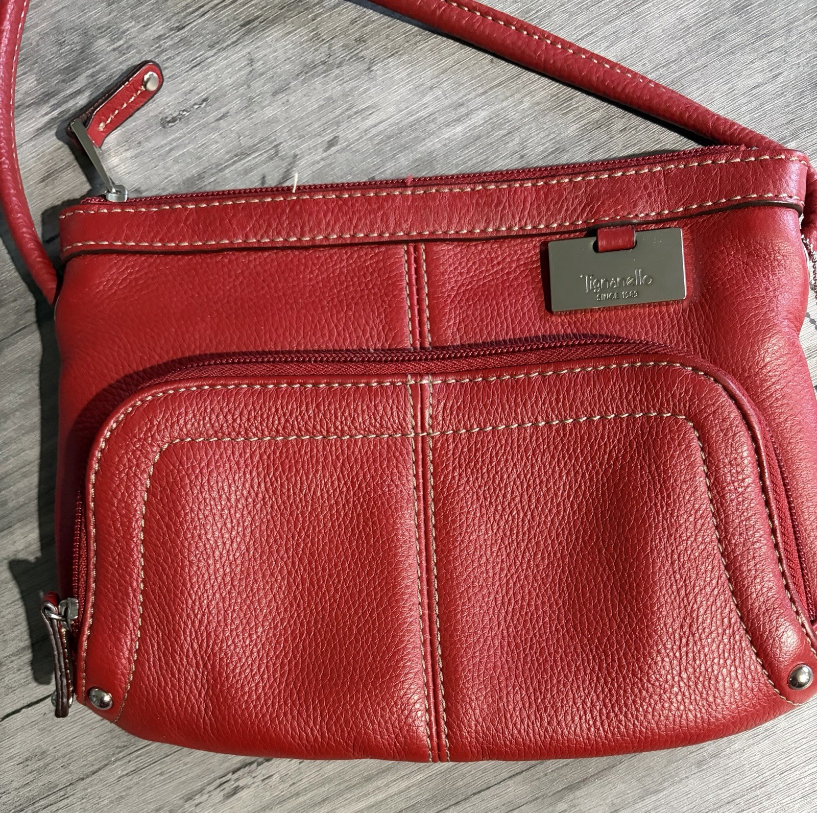 Tignanello genuine pebbled leather crossbody organizer Bag Lipstick Red