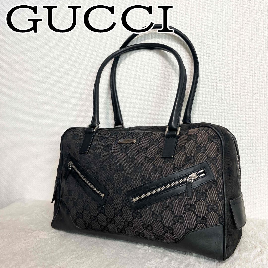 GUCCI Tote bag GG canvas leather Black Vintage Authentic From Japan