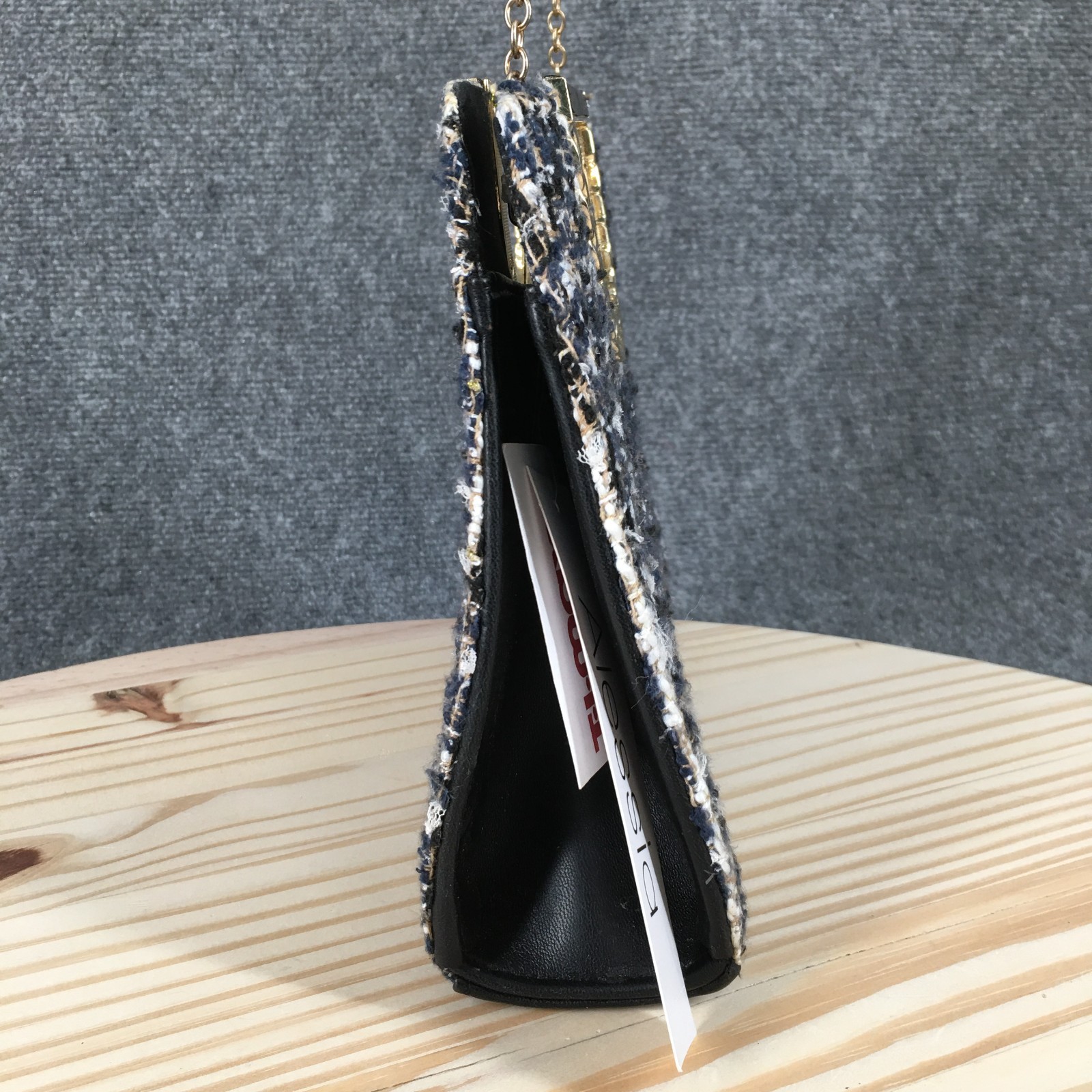 Alessia Tweed Clutch Crossbody Bag Black Cream Textured Gold Chain