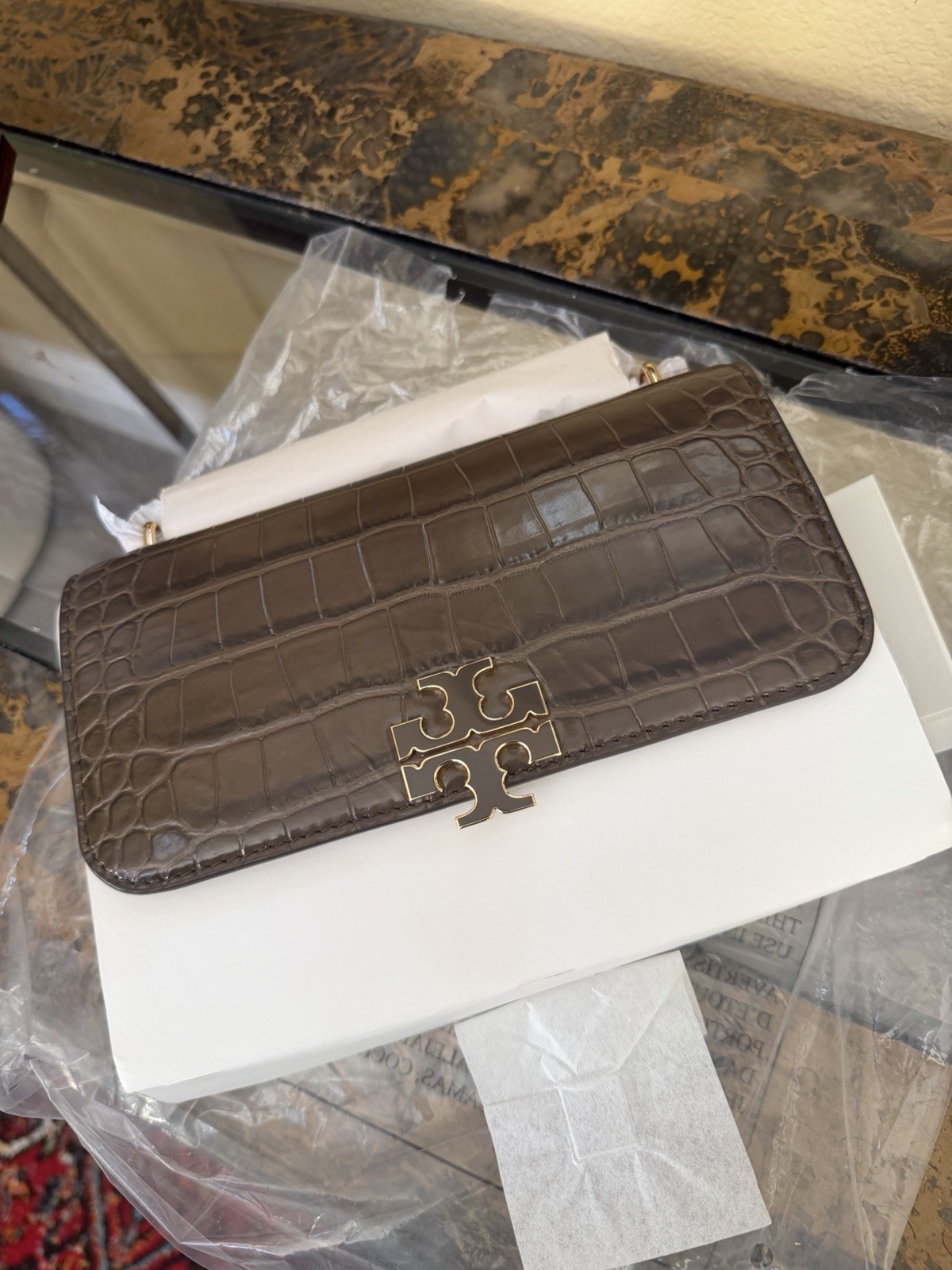 Tory Burch Britten Croc Embossed Convertible Shoulder/Crossbody Bag Brown