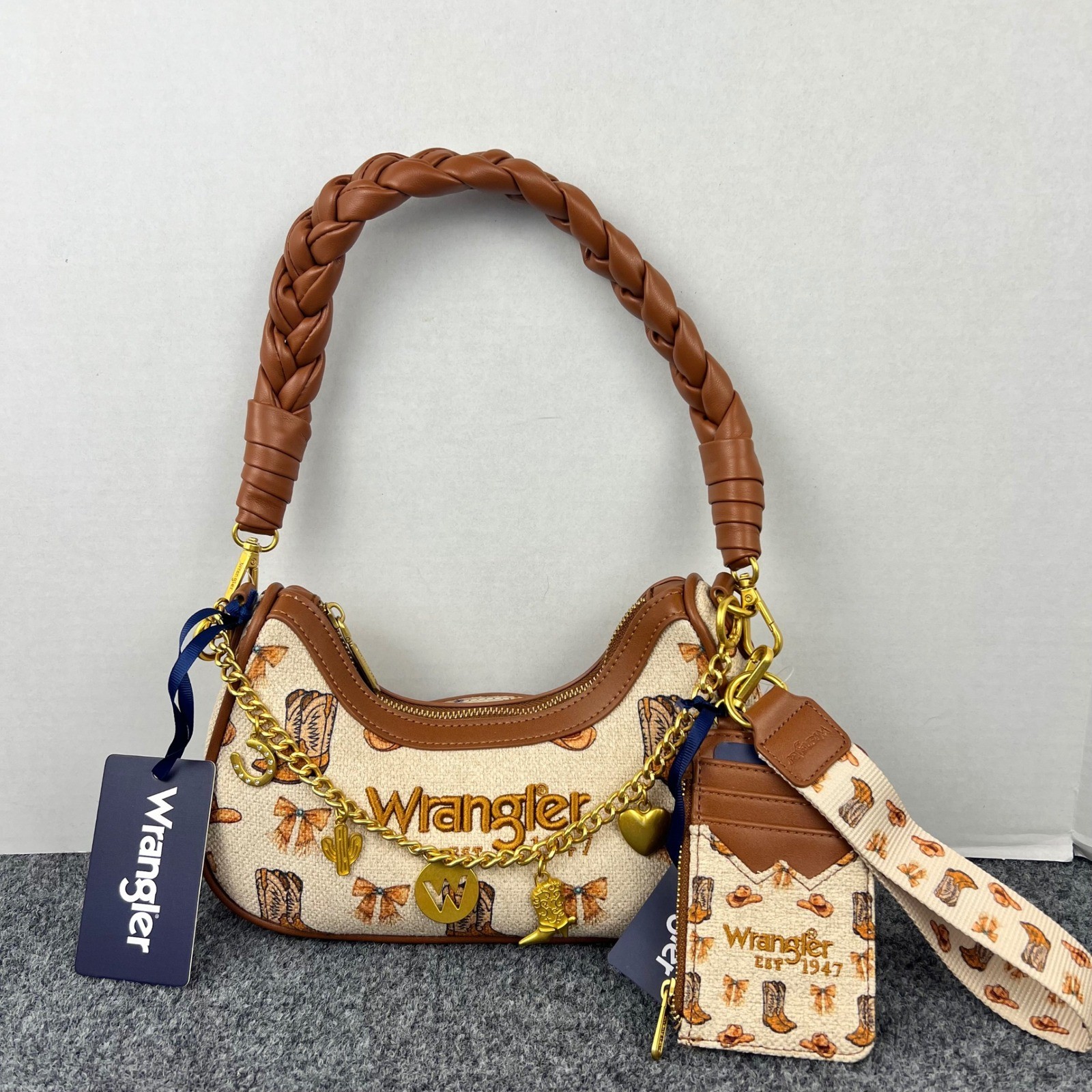 Wrangler Western Boot Print Hobo Braided Bag and RFID Card Holder Set Tan NWT