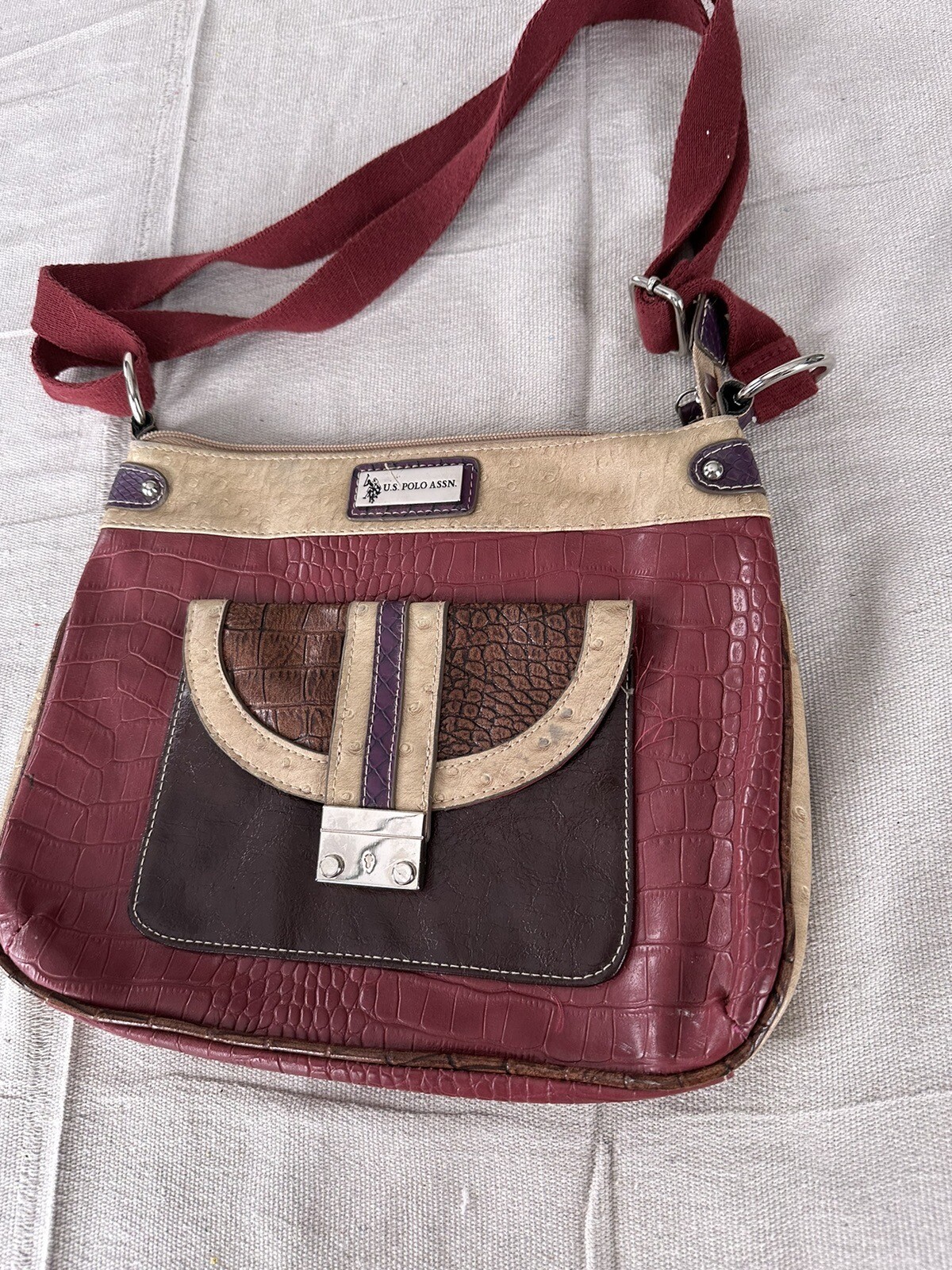 US Polo Assn Purse Messenger Bag Canvas Vinyl Polo Player Beige Red Brown