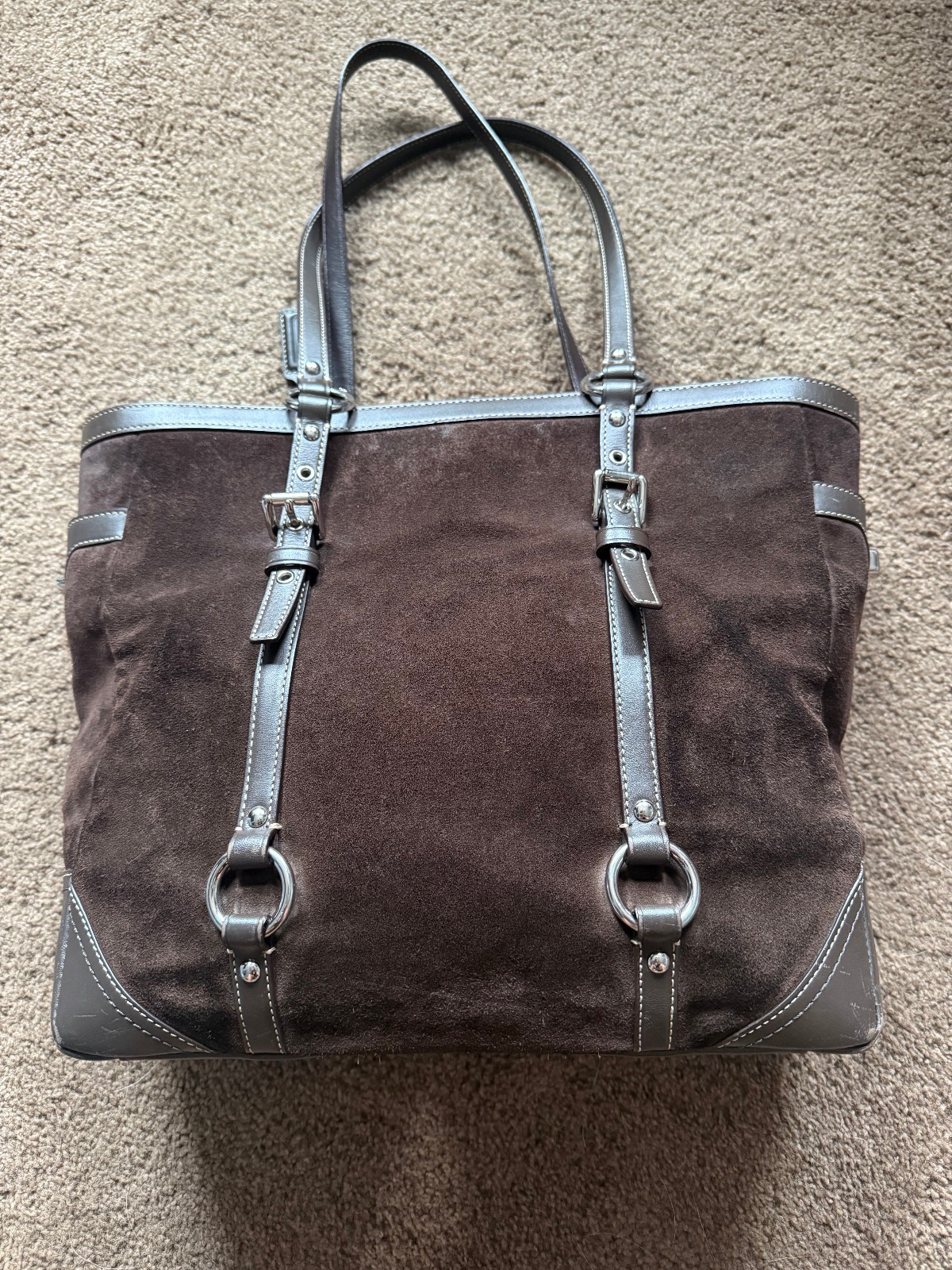Coach Dark Brown Suede Leather Shopper Tote Bag Silver Hardware F12835
