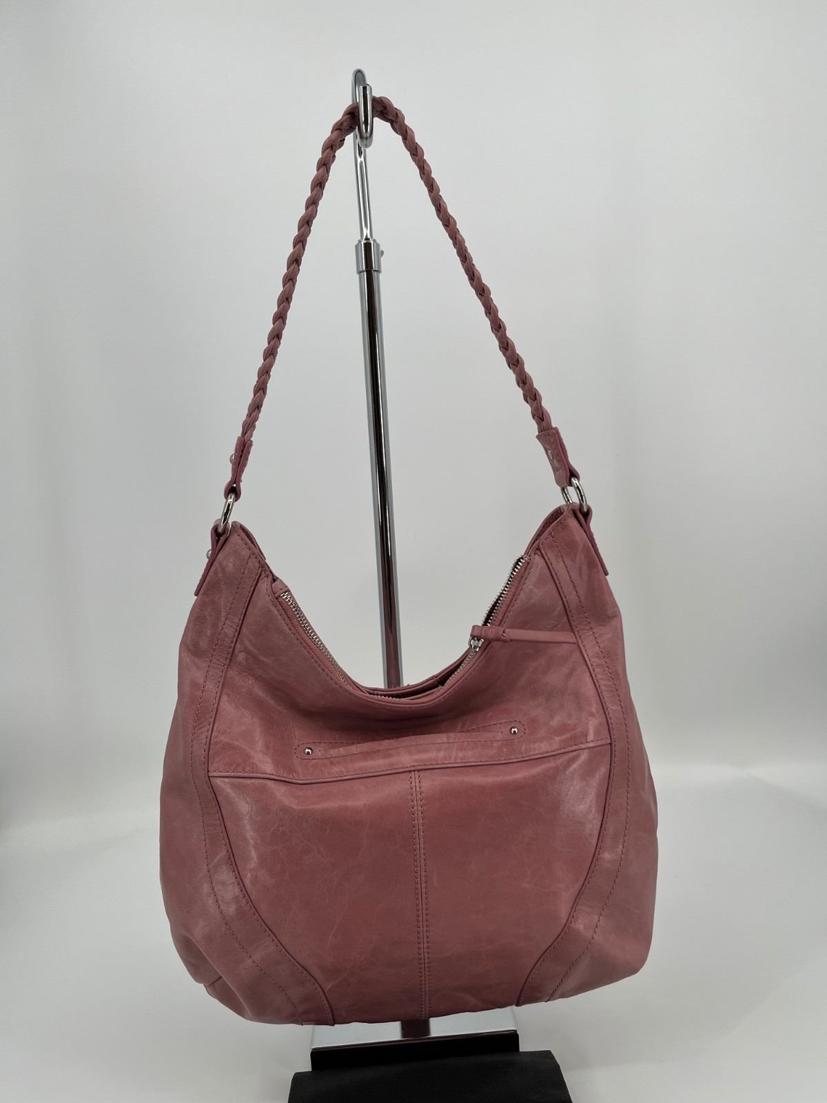 Vintage B. Makowsky Hobo Bag Pink Leather Braided Strap Zip Top Leopard Lined
