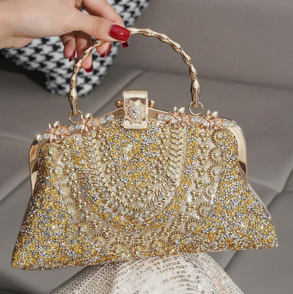 EVENING BAG- Gold Tone Rhinestone Decorated Metal Handle Clutch Purse, Luxury El