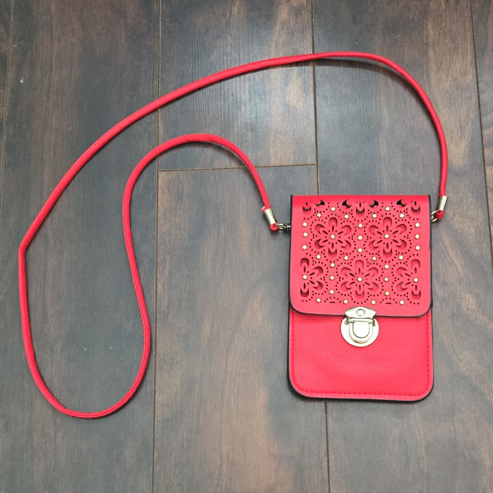 Red Small Floral Cutout Studded Crossbody Bag Turn Lock Detachable Strap