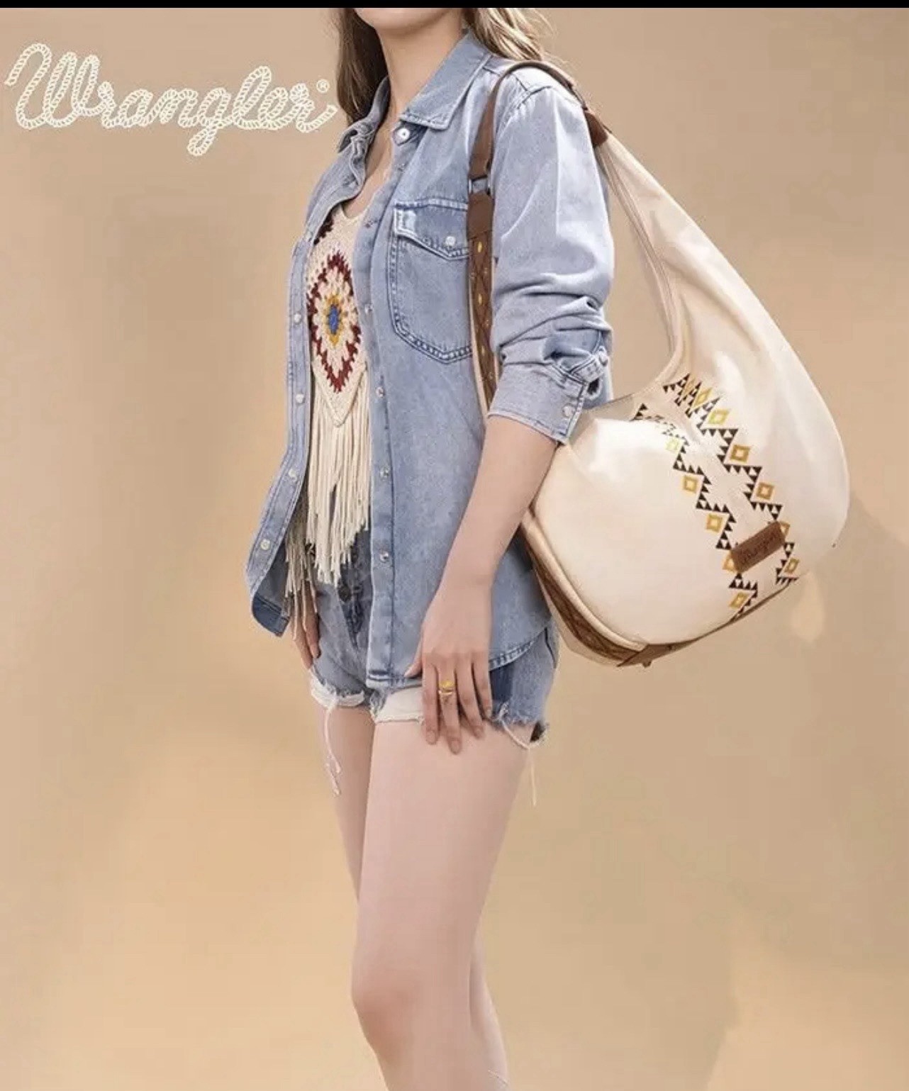 Wrangler Large Cream Aztec Geometric Hobo Shoulder Bag Brown Strap Zip Pockets