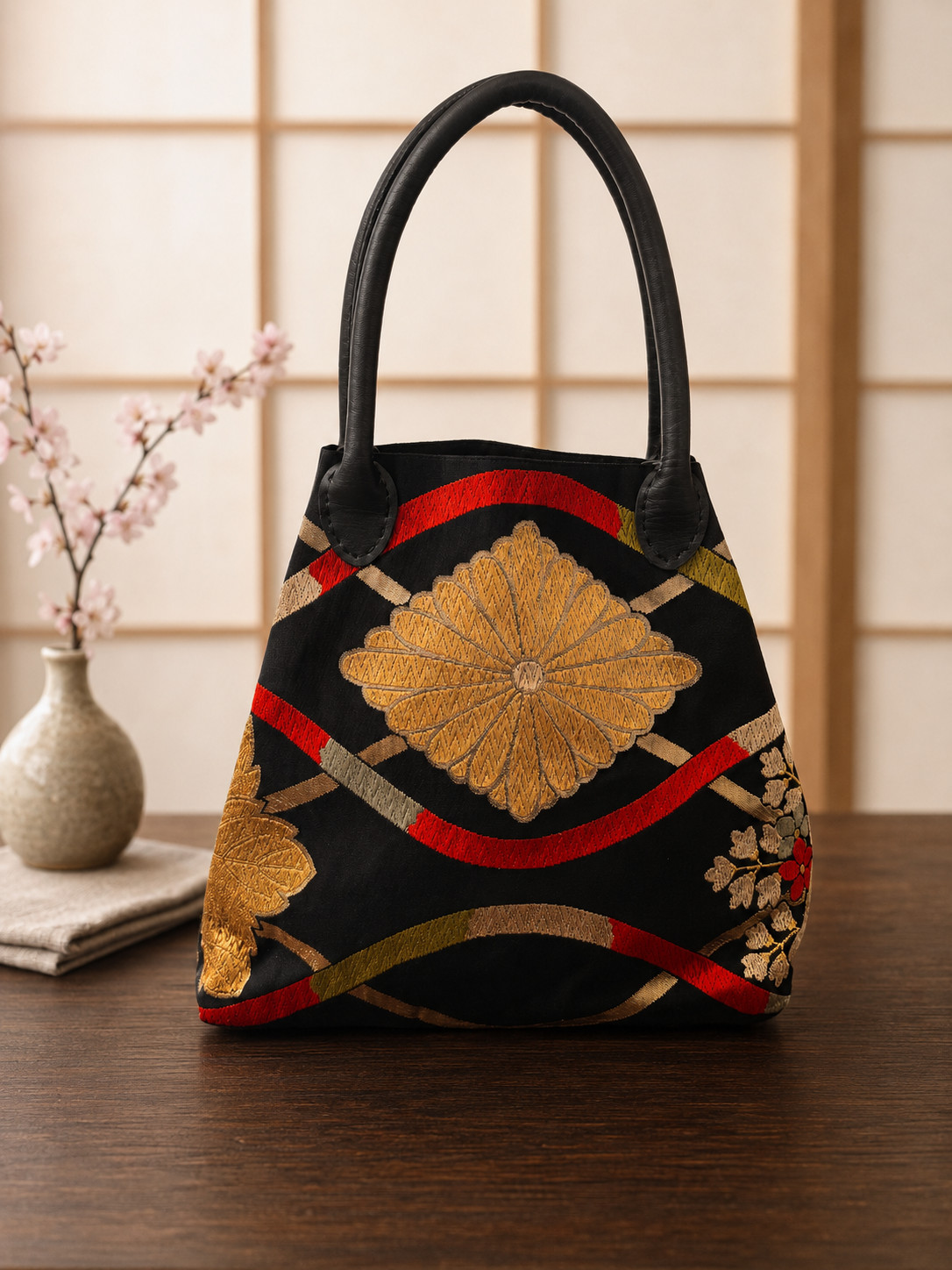 Kimono Tango Silk Fukuro Obi Tote Bag Leather Handles Japan Handmade Upcycled