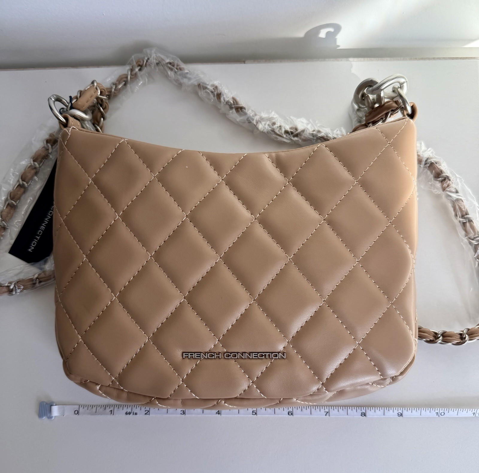 NEW French Connection Crossbody Purse Bag TAN LATTE Eliza Diamond Quilted $98