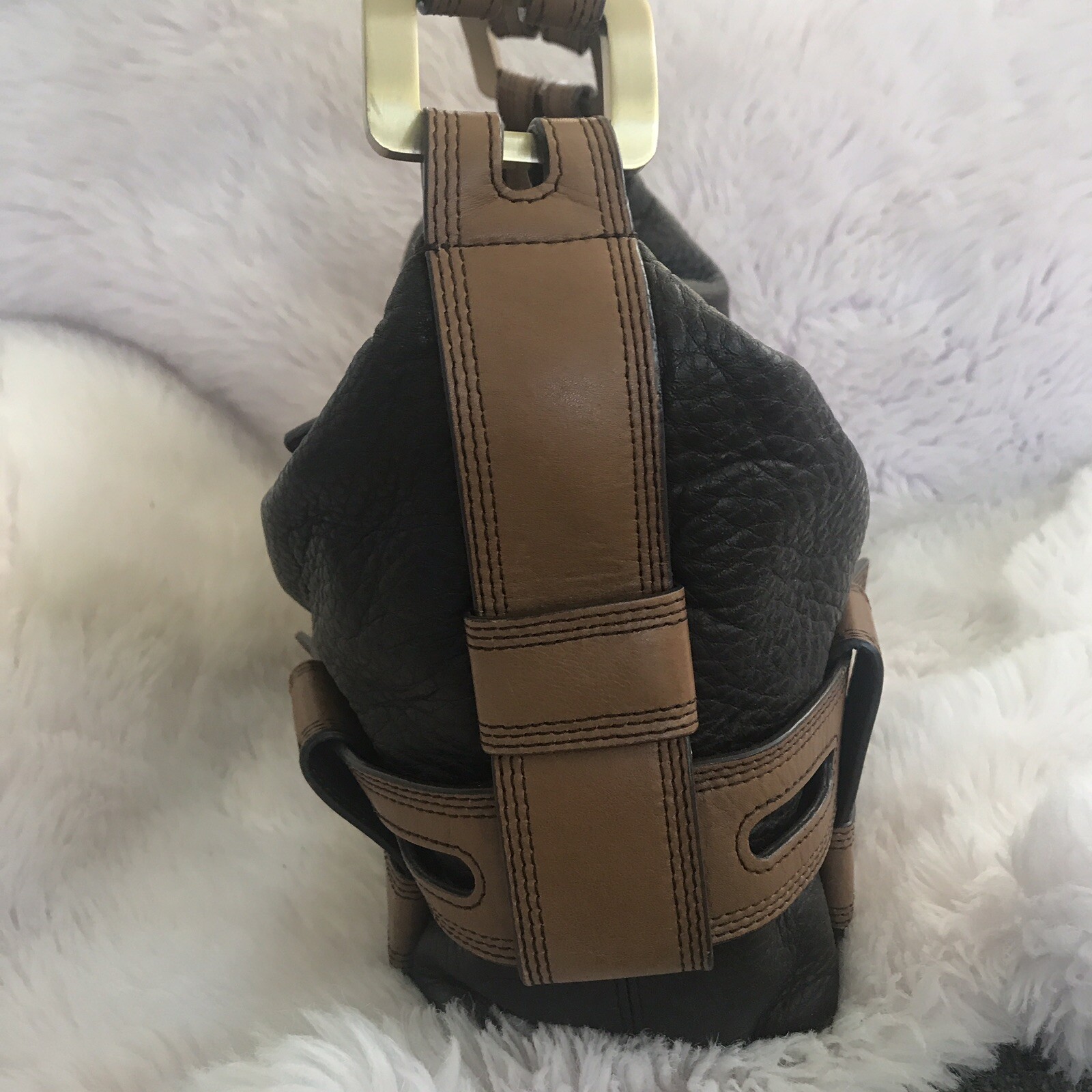 Vintage Michael Kors Harness Purse Shoulder Bag Pebbled Leather Black Brown Gold