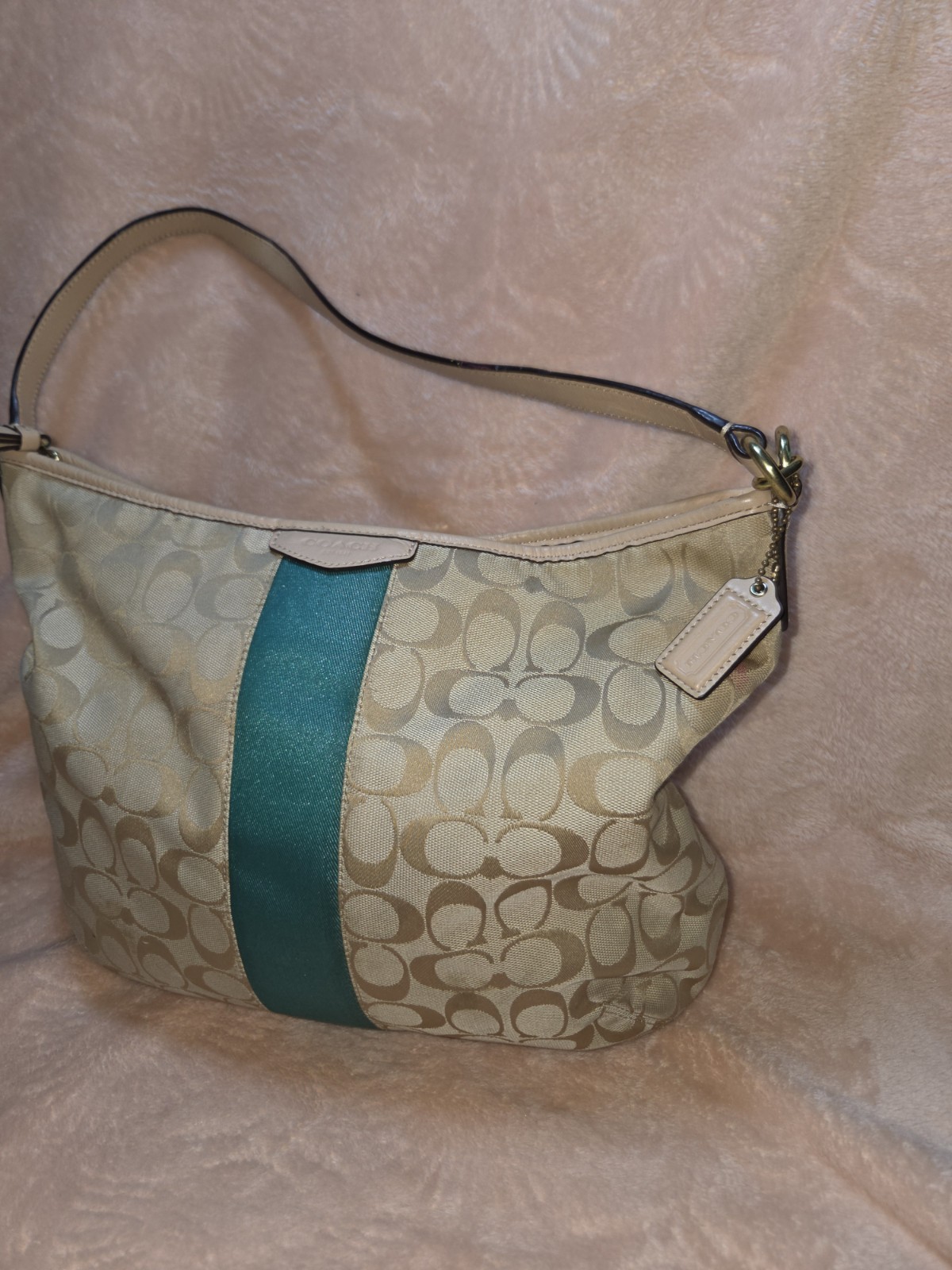 Coach Signature Medium Hobo Shoulder Bag Beige/Teal Stripe Zip Gold Charm