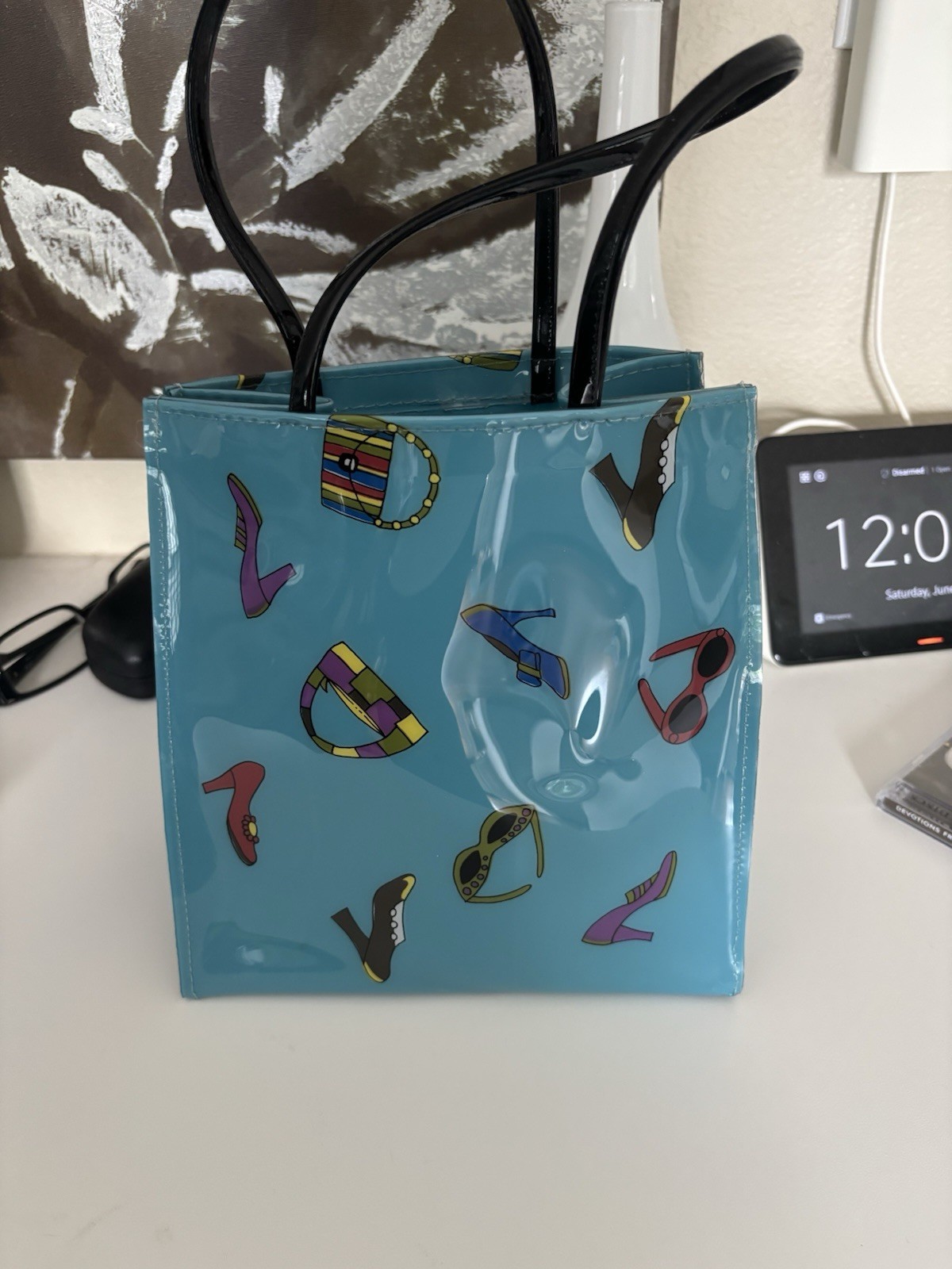 Bloomingdales Small Tote Shopper Lunch Sack Vinyl Plastic Blue 9×8 Shoes Cute!