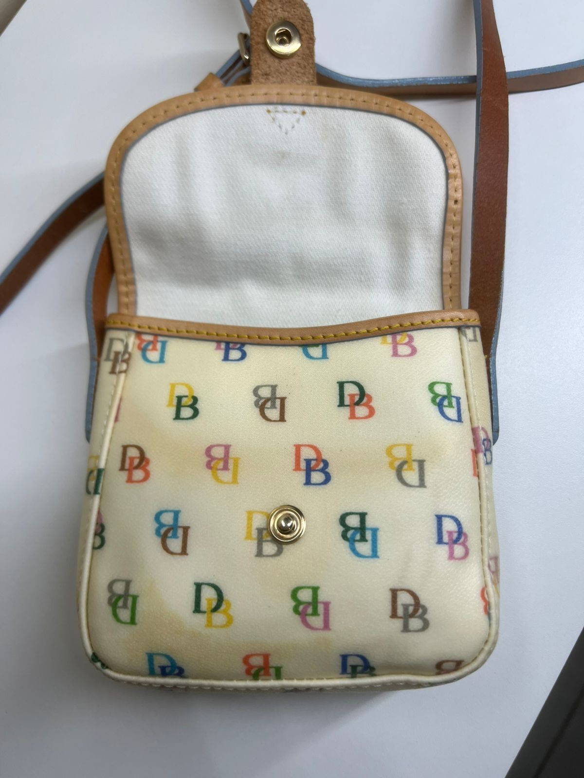 Dooney & Bourke Monogram Small Crossbody Bag Ivory Multicolor Brown Strap