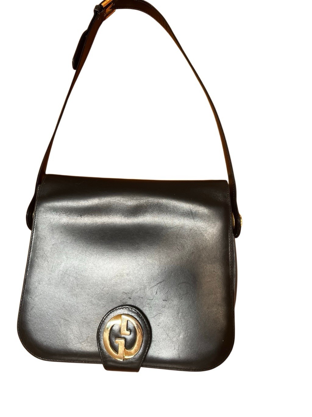 Vintage Authentic Gucci Black Leather Shoulder Bag Purse Gold Interlocking G’s