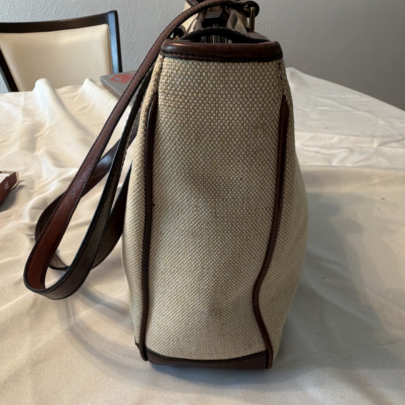 Oroton Sydney Beige Brown Tote Zip Top Pouch Gold Hardware Double Handles