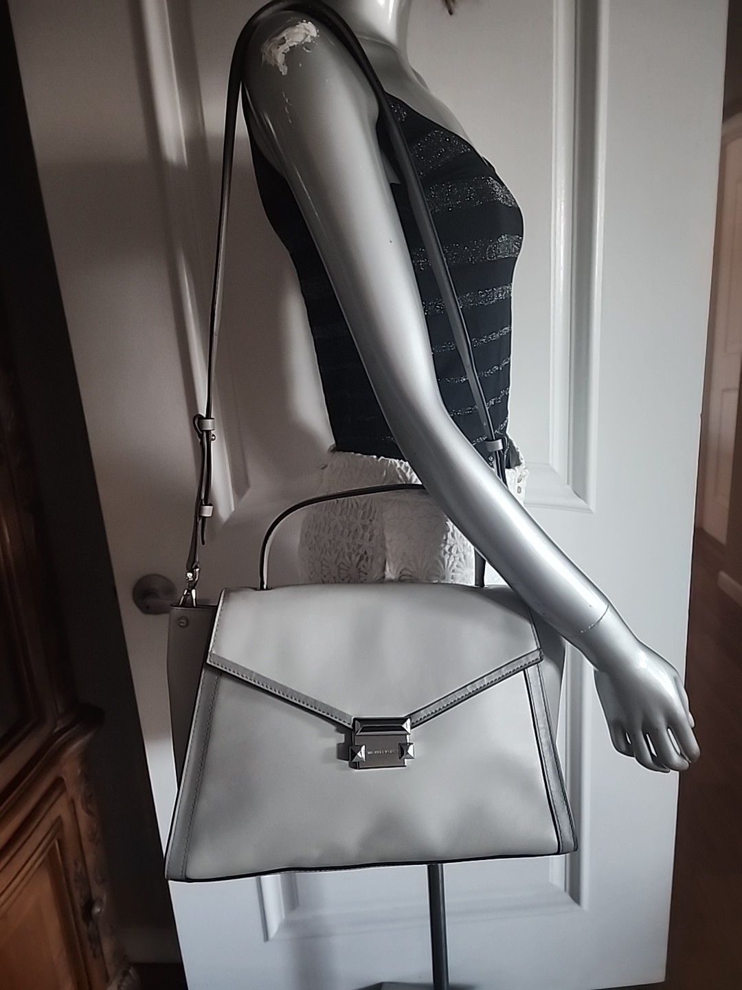 Michael Kors Whitney Large Top Handle Leather Satchel in Aluminum/Pearl Grey