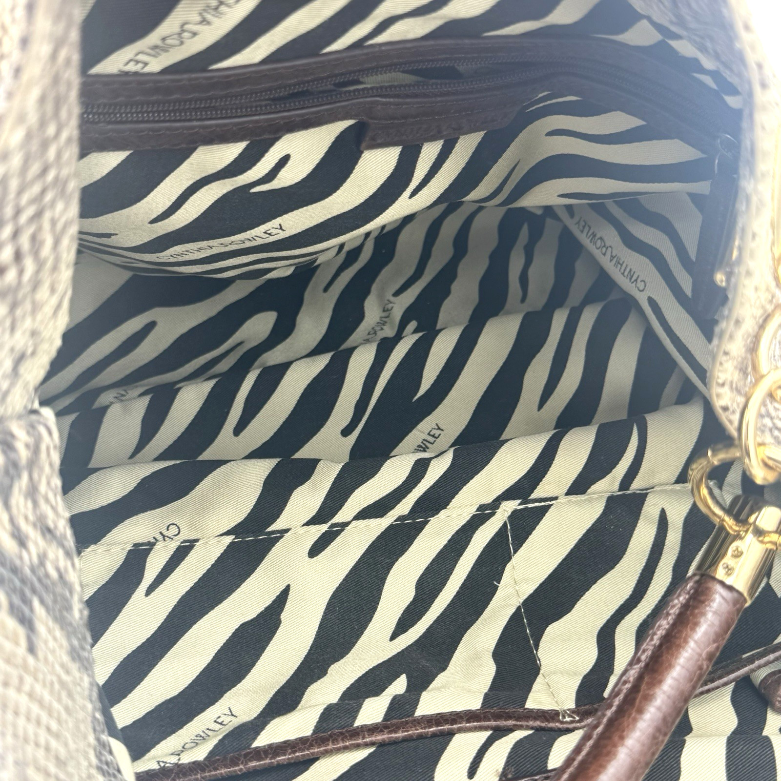 Cynthia Rowley Large Snake Print Leather Tote Handbag Gold Tone Dust Bag