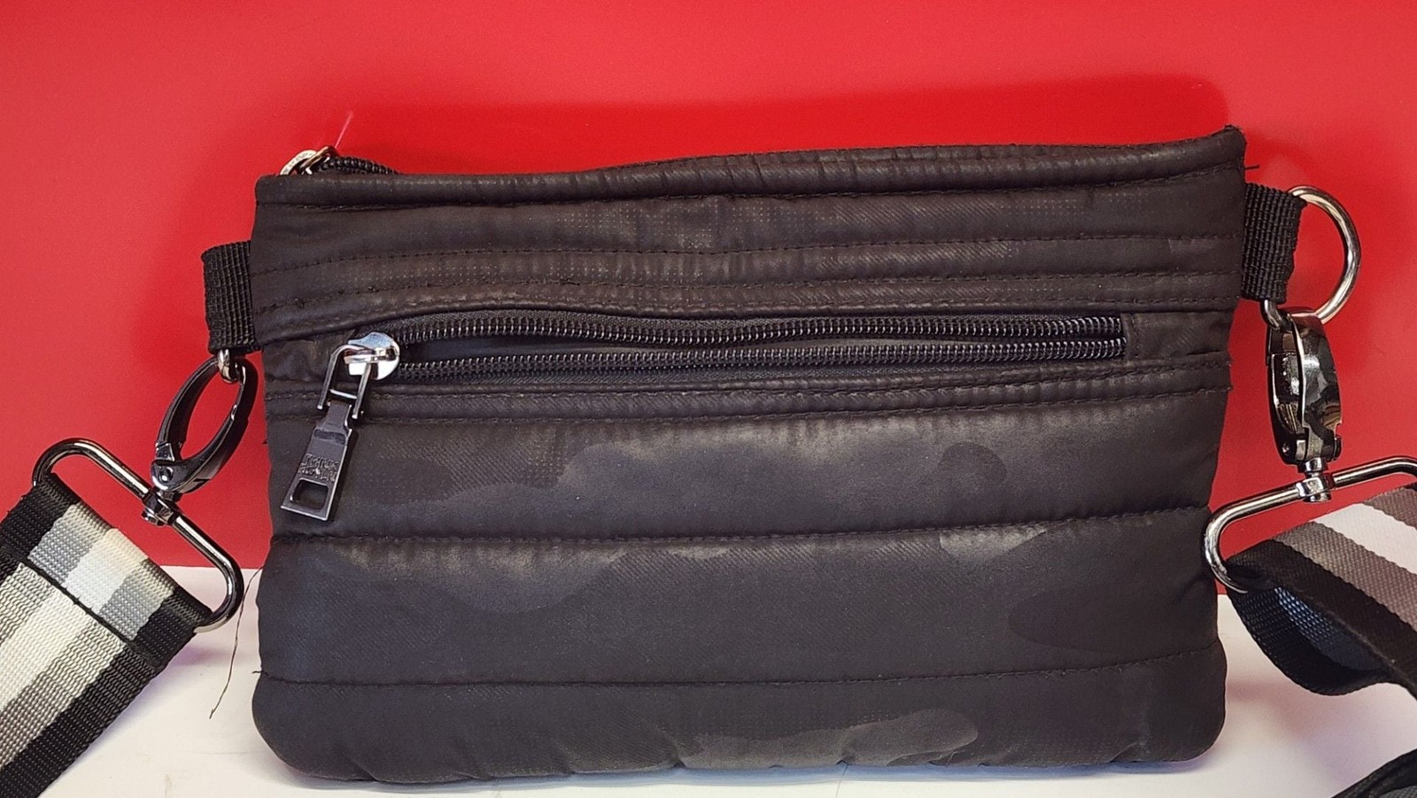 Think Royln Black Camo Puffer Crossbody Bag with Tricolor Strap