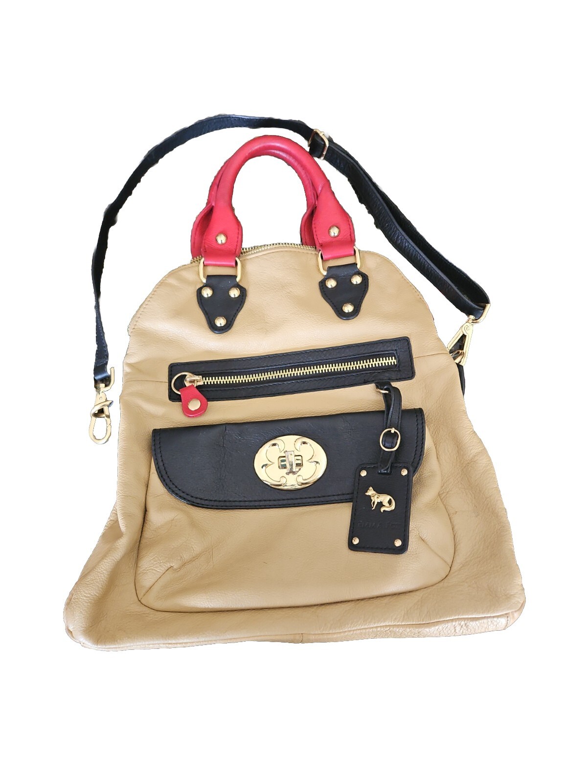 Emma Fox Leather Color Block Convertible Satchel Bag Purse Camel Black Red RaRe