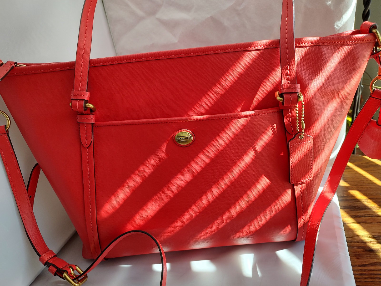 Coach Peyton Leather Coral/Red Crossbody Purse Bag Large #F25667