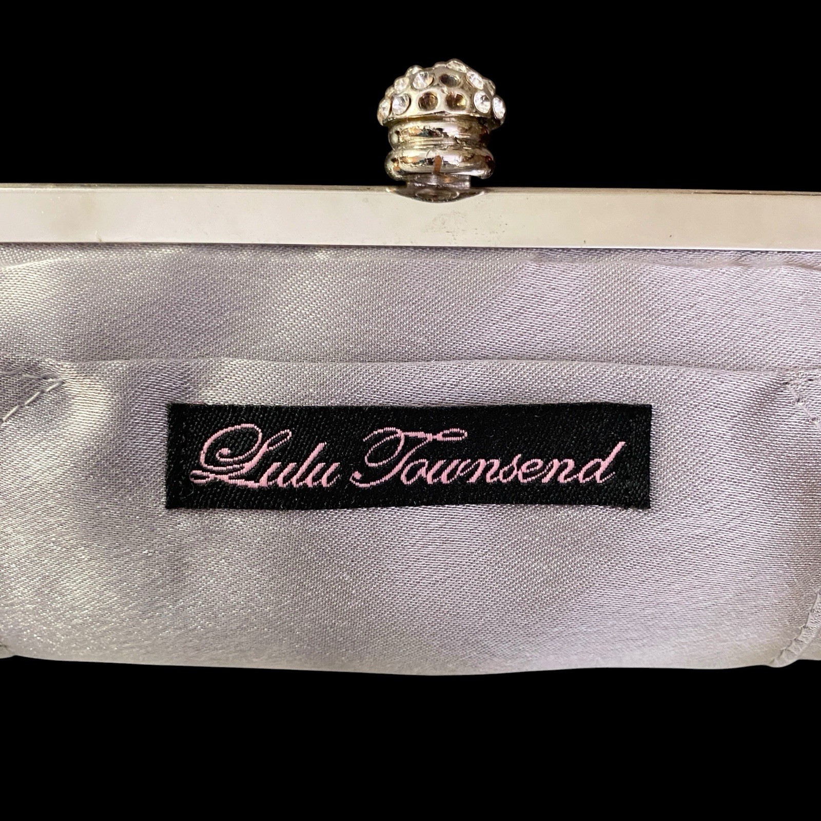 Lulu Townsend Silver Satin Party Evening Bag Rhinestones Clasp Clutch Chain READ