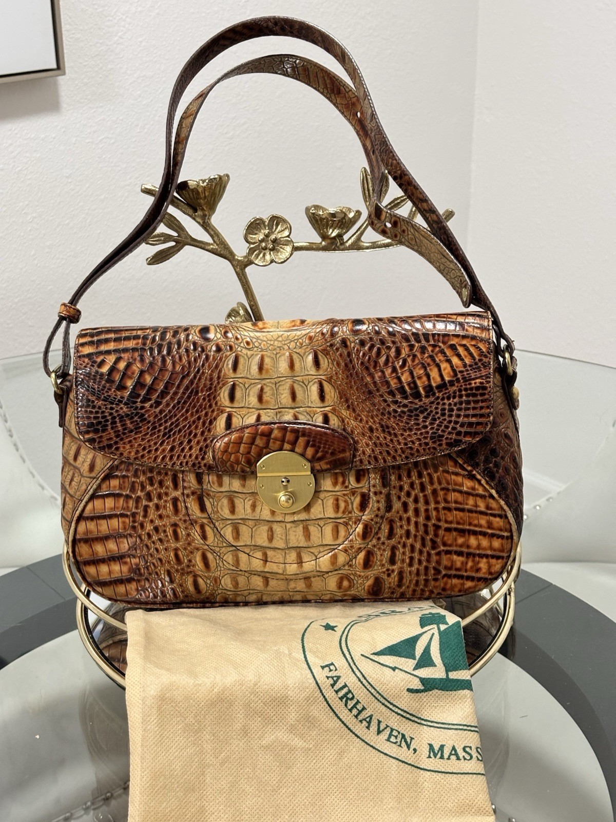 Vintage Brahmin Shoulder/Crossbody Bag, Brown Croc-Embossed Leather Gold Tone