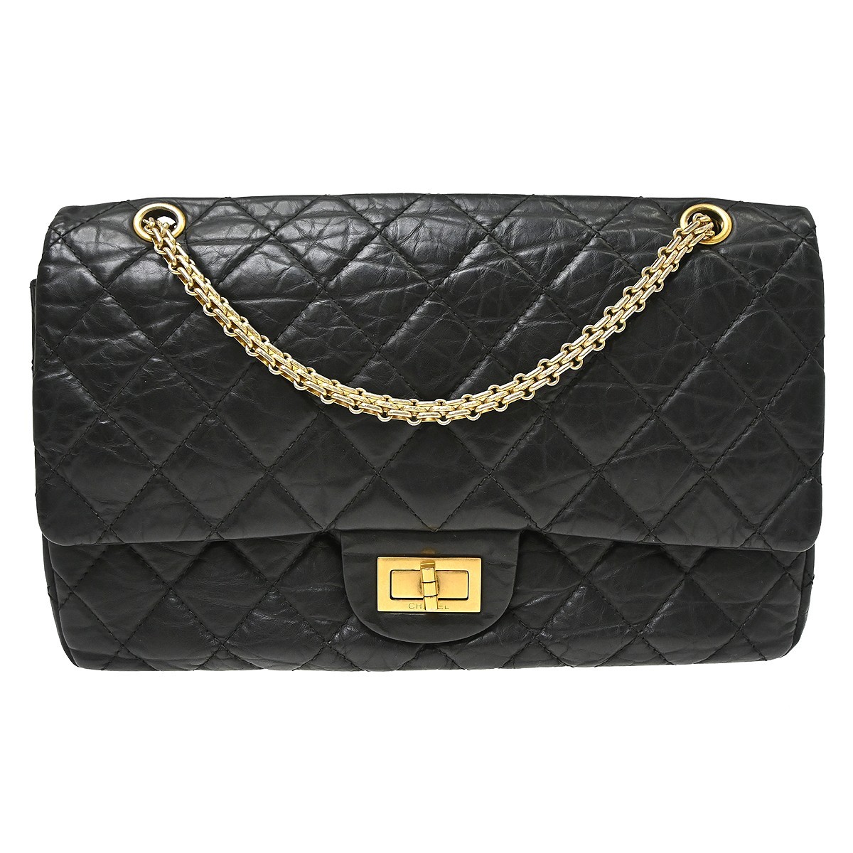 Best07 Chanel Black Calfskin 2.55 Jumbo Classic Double Flap Shoulder Bag NQ10830