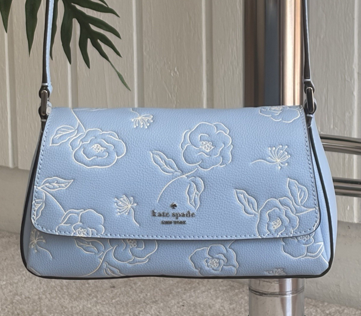 KATE SPADE SUTTON MINI FLAP CROSSBODY BAG SHOULDER BLUE FLORAL EMBOSSED LEATHER