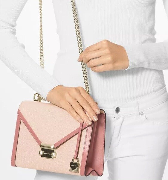 New Michael Kors Whitney bicolor leather small shoulder bag soft pink gold chain