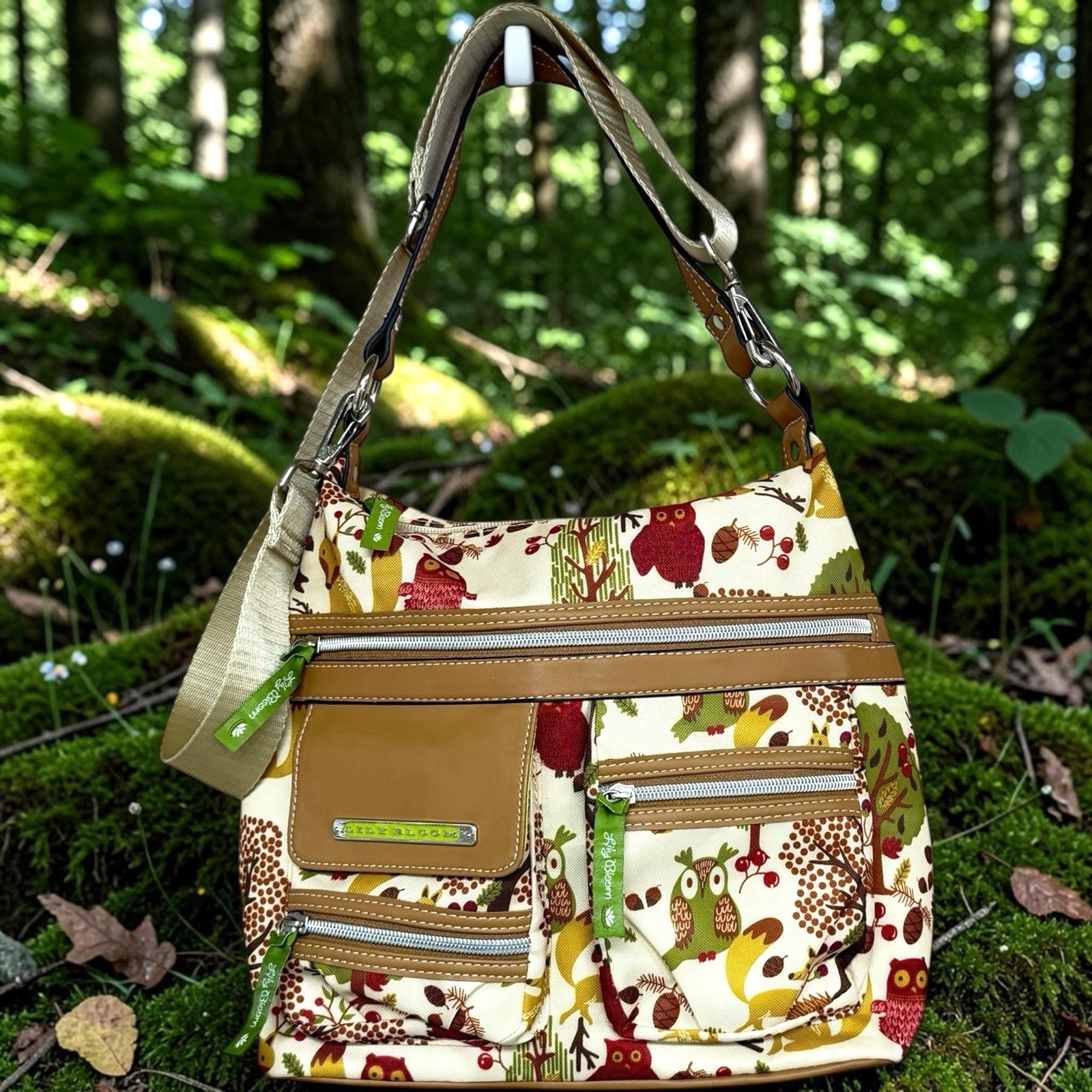 Lily Bloom Woodland Forest Owl Print Shoulder Bag Crossbody Purse Multi Pockets