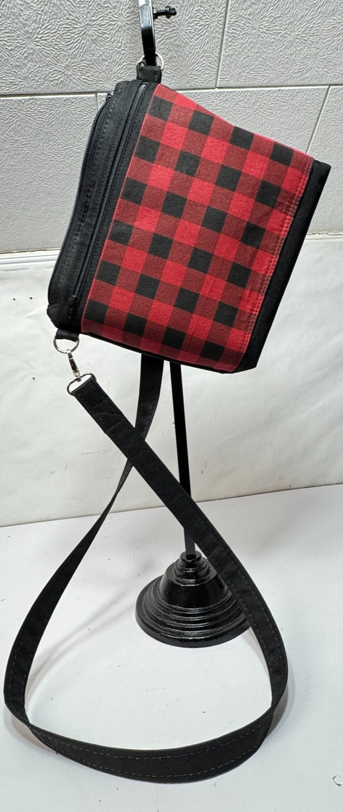 Red / Black Buffalo Check Handmade Adjustable Strap 2 Outside Pockets Lined