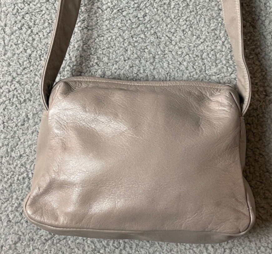 Perlina New York Womens Crossbody Handbag Gray Zip Close Outside Zip Leather