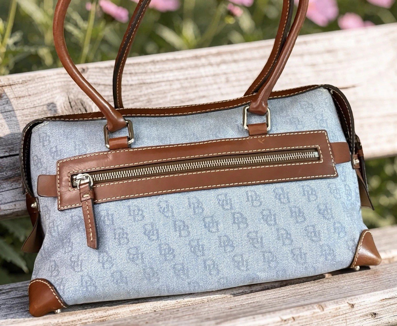 Dooney Bourke Blue Denim Jeans DB Logo Double Pocket Satchel Saddle Shoulder Bag