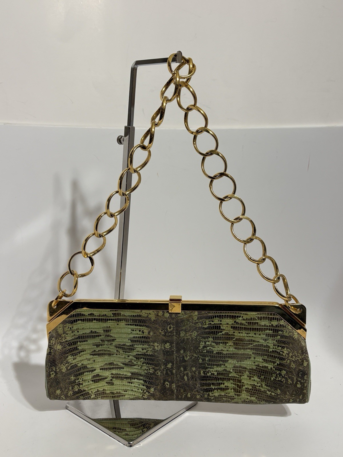 Vtg Gianni Versace Green Lizard Leather Gold Chain Strap Shoulder Bag
