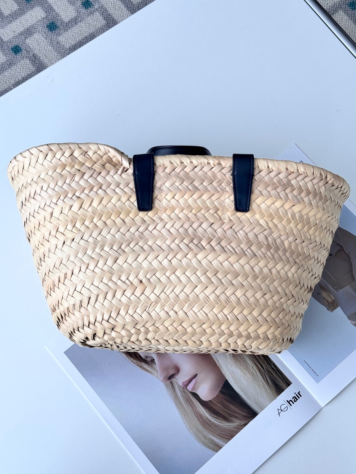 Celine Triomphe Classic Med Lrg Raffia Panier Tote Bag Natural Straw Black