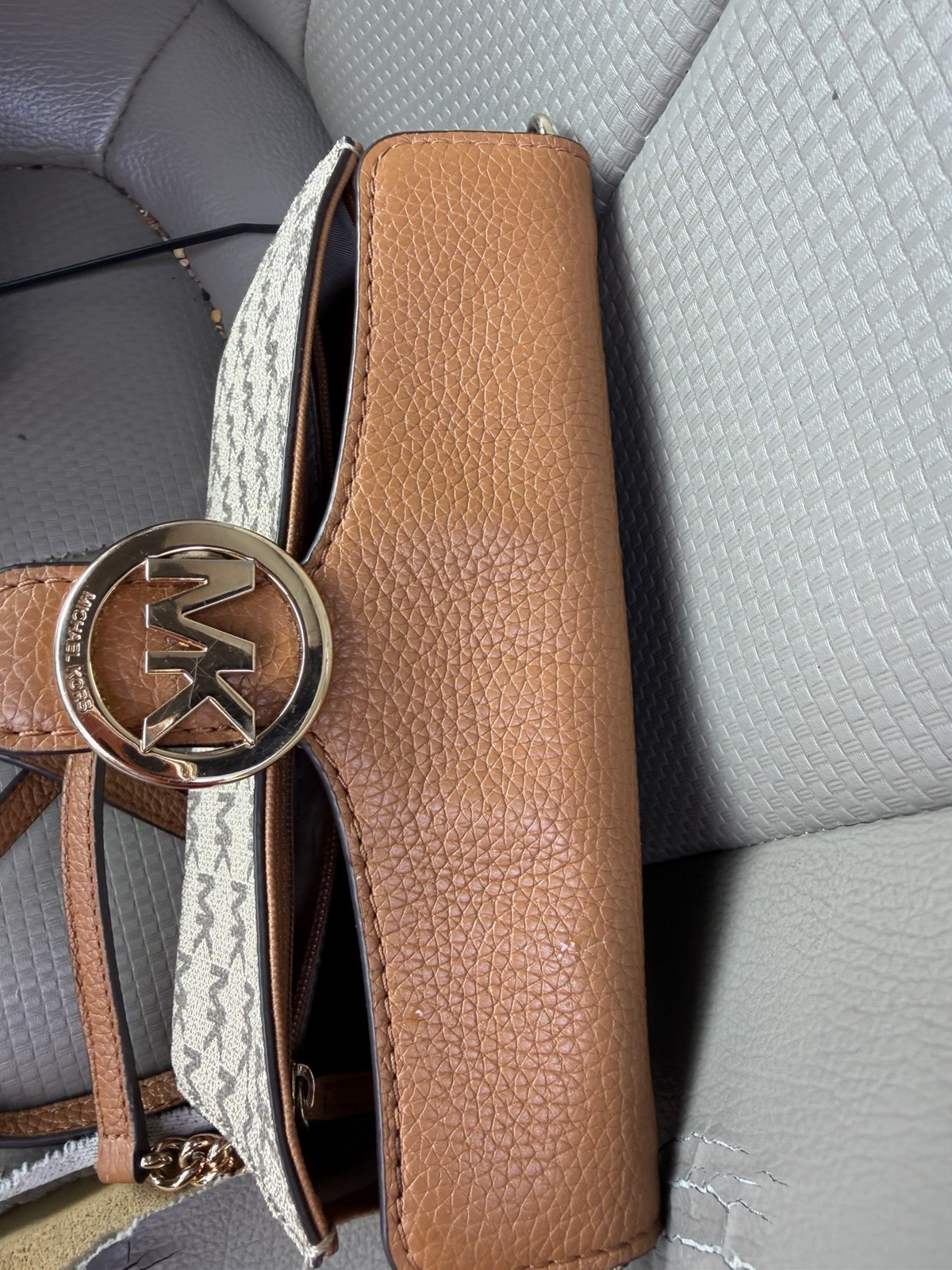 Michael Kors Brown/Beige Logo Small Crossbody Bag, Magnetic Snap, Gold
