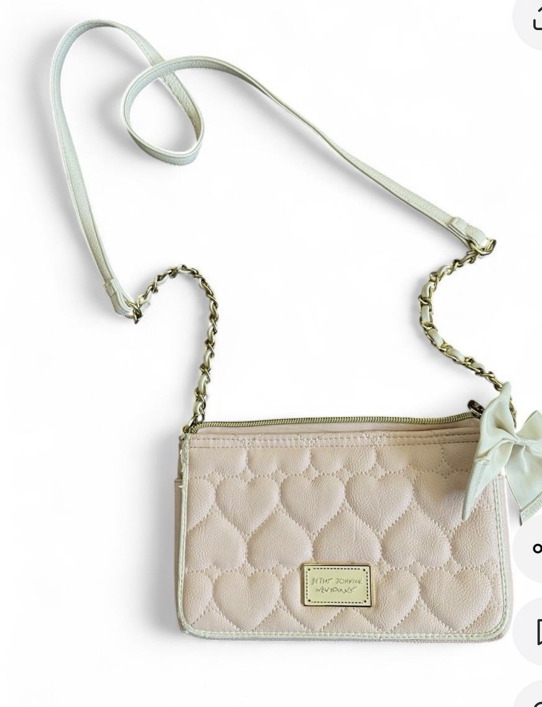 Betsey Johnson Pink Quilted Heart Zip Crossbody Bag Bow Charm Gold Hardware