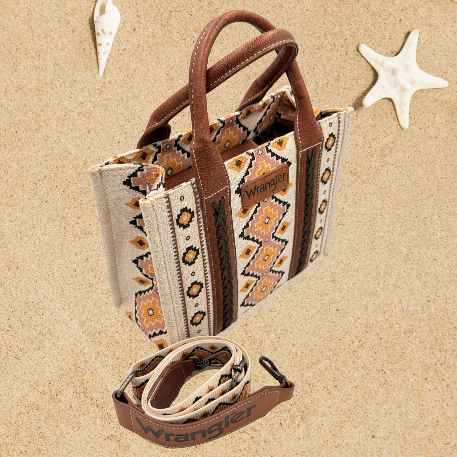 Wrangler Geometric Boho Tote Bag Zip Closure w/ Detachable Adjustable Strap