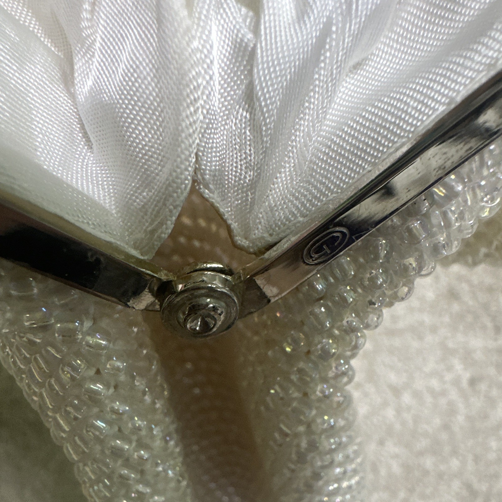 Vintage iridescent White Beaded Top Handle Evening Bag, Silver Tone Frame