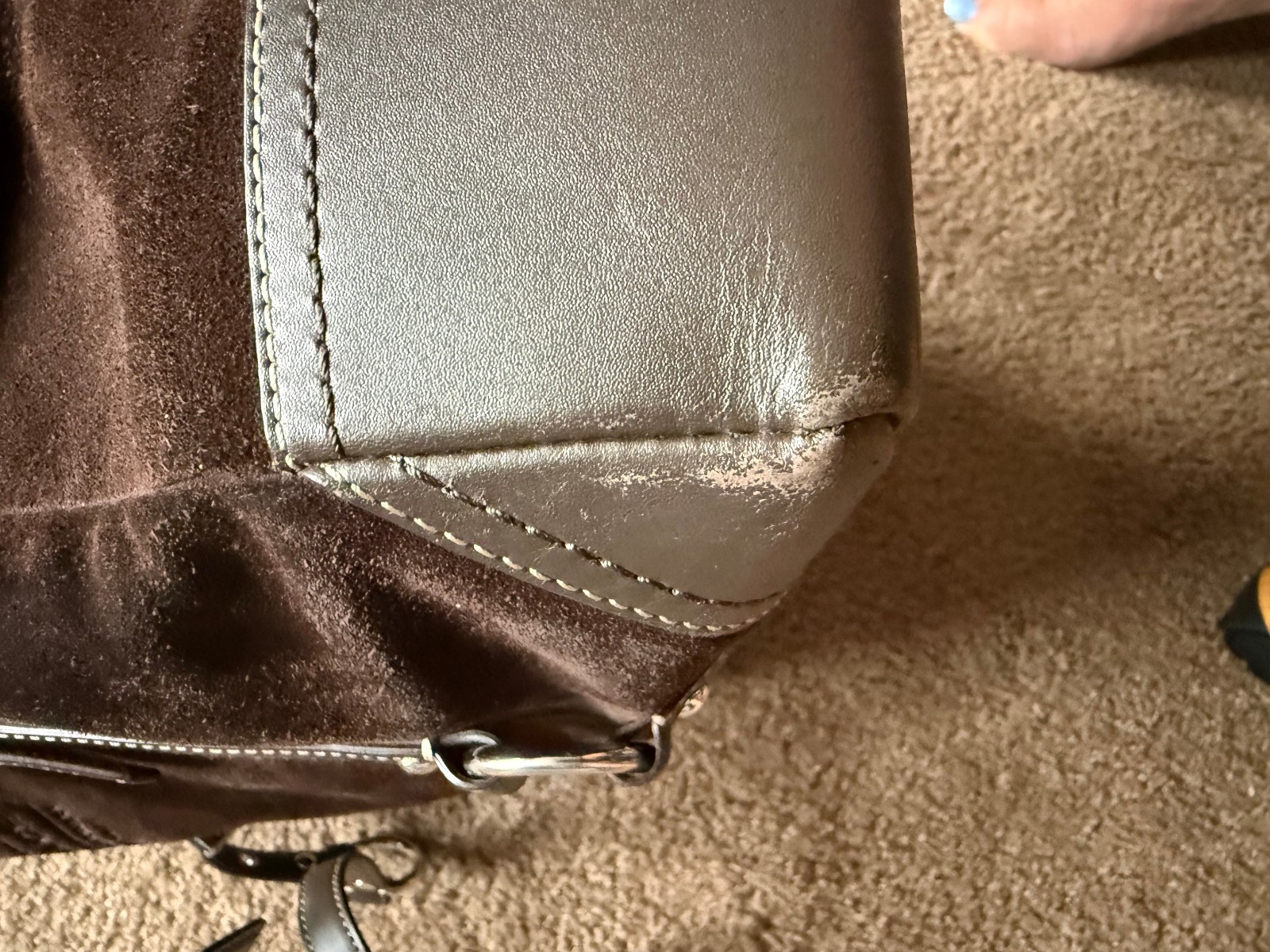 Coach Dark Brown Suede Leather Shopper Tote Bag Silver Hardware F12835