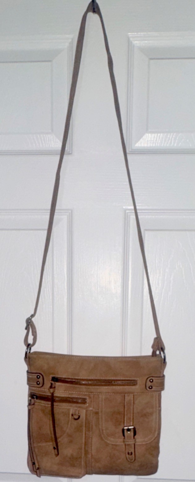 Tan Suede Shoulder Bag Zipper Buckle Accent Classic Medium Crossbody