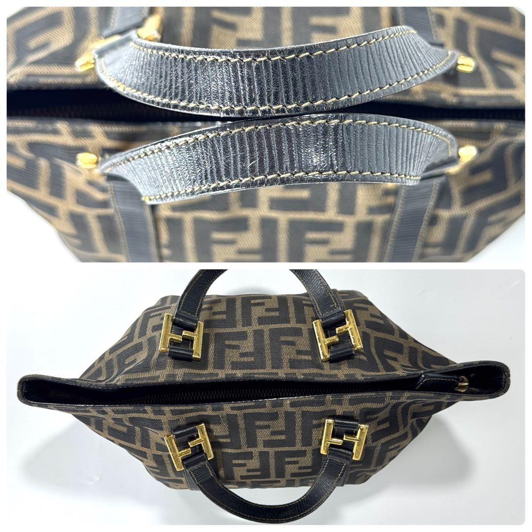 FENDI Zucca pattern Canvas Leather Brown Beige Black Boat shape Mini Handbag