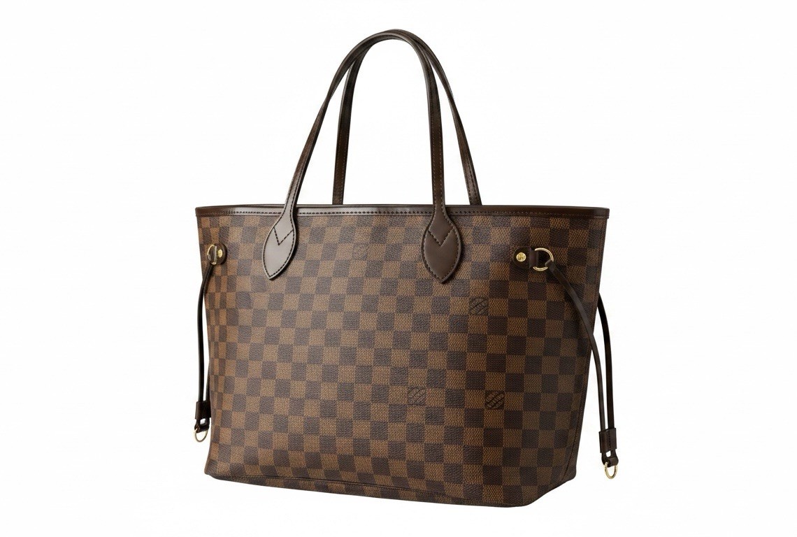LOUIS VUITTON Neverfull MM Damier Ebene Brown Canvas Leather Tote Red Interior
