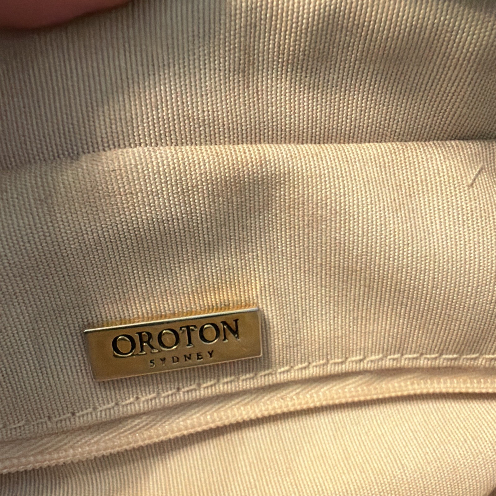 Oroton Sydney Beige Brown Tote Zip Top Pouch Gold Hardware Double Handles