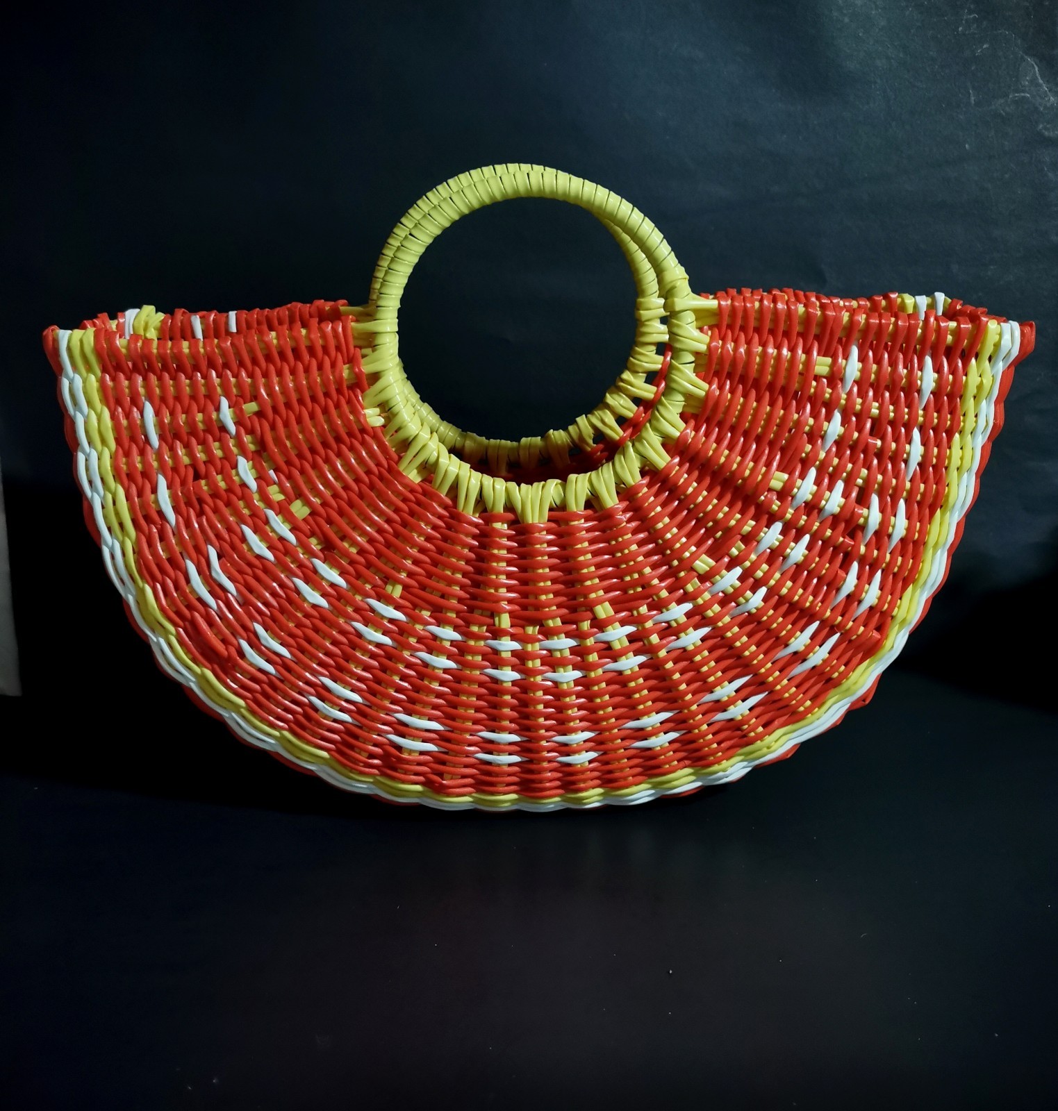 Woven Half Circle Beach Style Orange Tote Open Top Bag Double Handle 12×18