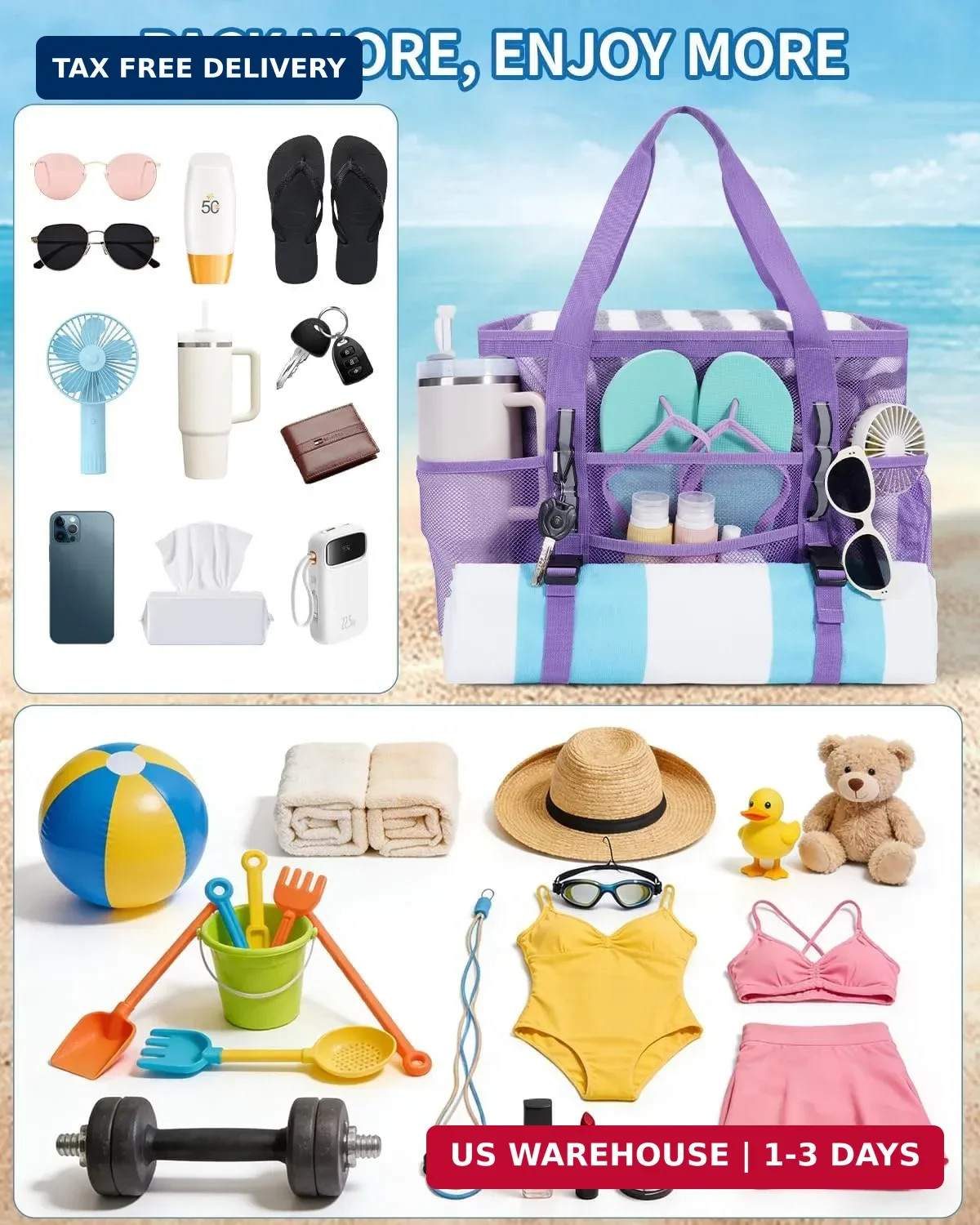 WANDF Mesh Beach Bag for Women, Large Beach Tote Bags with 40oz Tumbler Side Poc