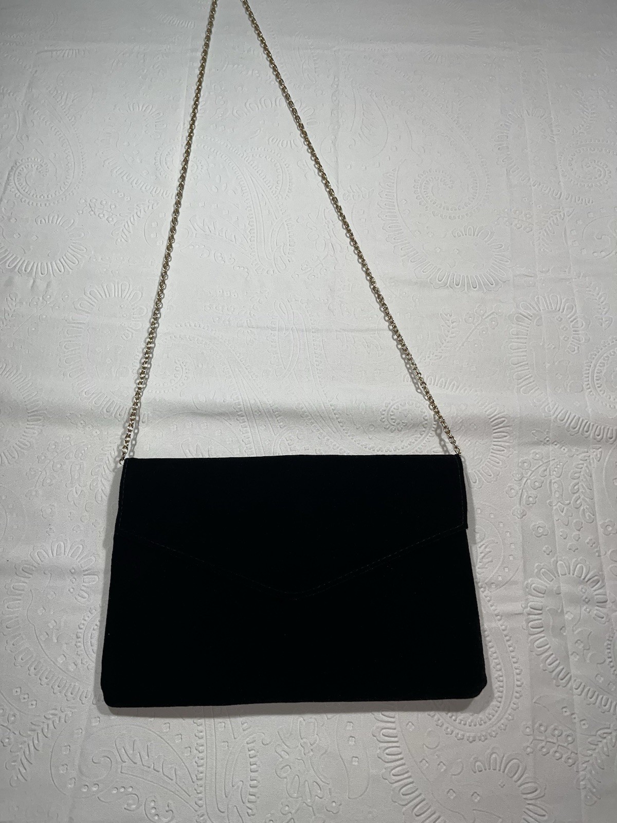 Hello 3 Am Purse 11 1/2 X 8 Black Suede 2 Pocket Gold Color Chain.