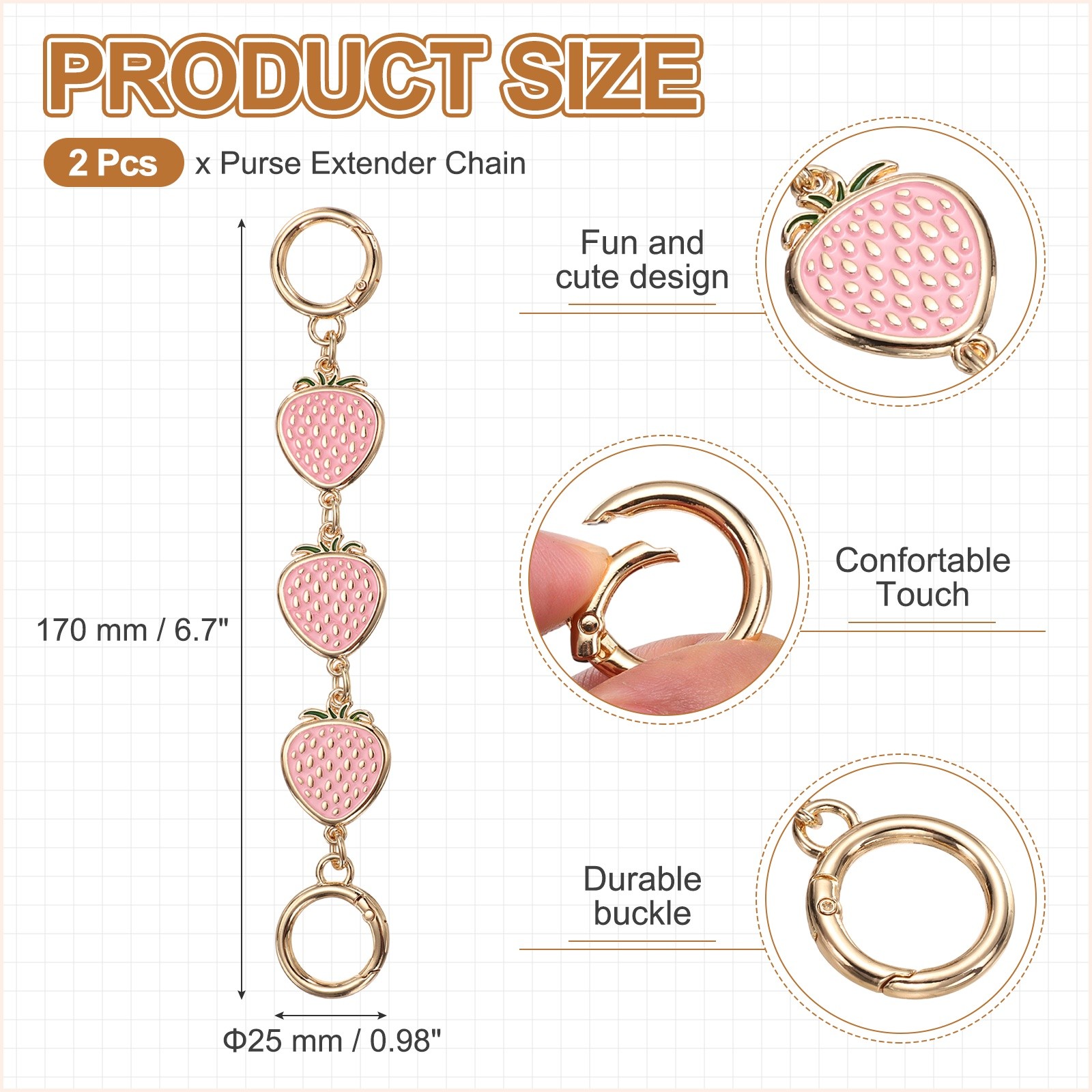 2PCS 6.7″ Purse Extender Chain Metal Pink Strawberry Decorative Chain Gold