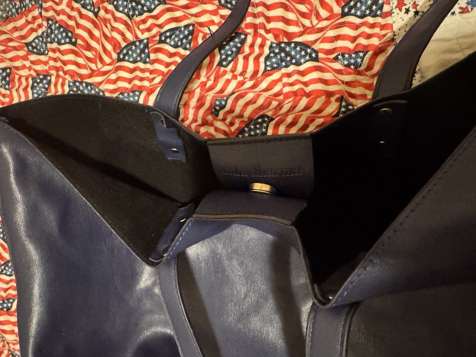 Lulu Dharma Women’s Blue Tote Vegan Bag, Magnetic Closure, Rivets, Gold HW